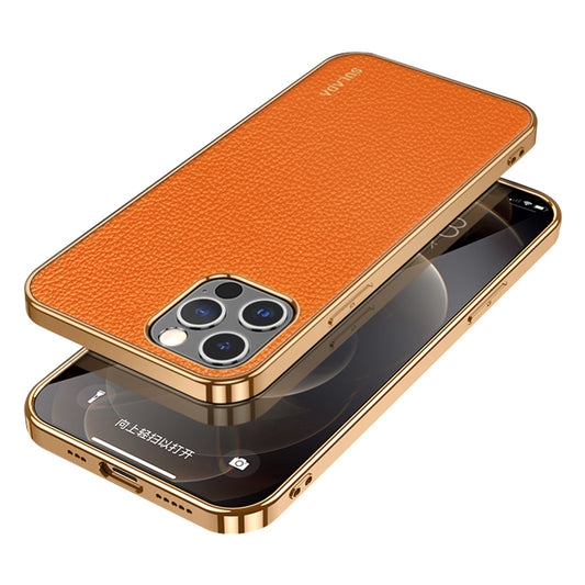 SULADA Electroplating Frame Well-Protected Litchi Texture PU Leather Coated Hybrid Phone Case for iPhone 13 Pro Max 6.7 inch