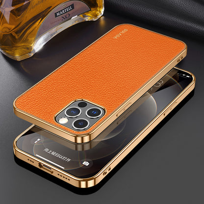 SULADA Electroplating Frame Well-Protected Litchi Texture PU Leather Coated Hybrid Phone Case for iPhone 13 Pro Max 6.7 inch
