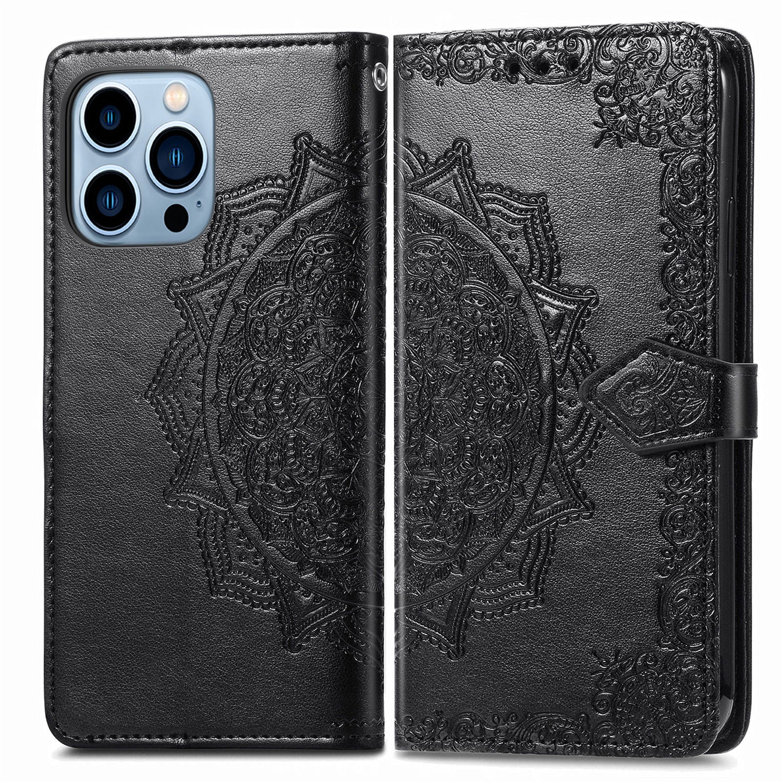 Mandala Flower Embossment PU Leather Stand Wallet Phone Flip Case Shell for iPhone 13 Pro Max 6.7 inch