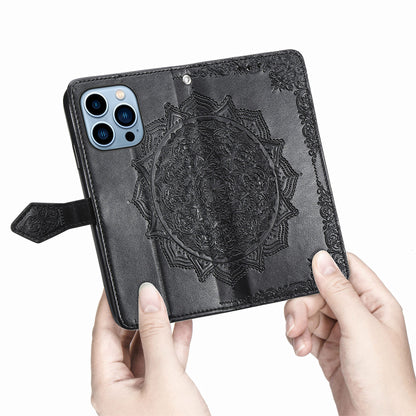 Mandala Flower Embossment PU Leather Stand Wallet Phone Flip Case Shell for iPhone 13 Pro Max 6.7 inch