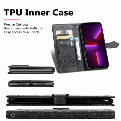 Mandala Flower Embossment PU Leather Stand Wallet Phone Flip Case Shell for iPhone 13 Pro Max 6.7 inch
