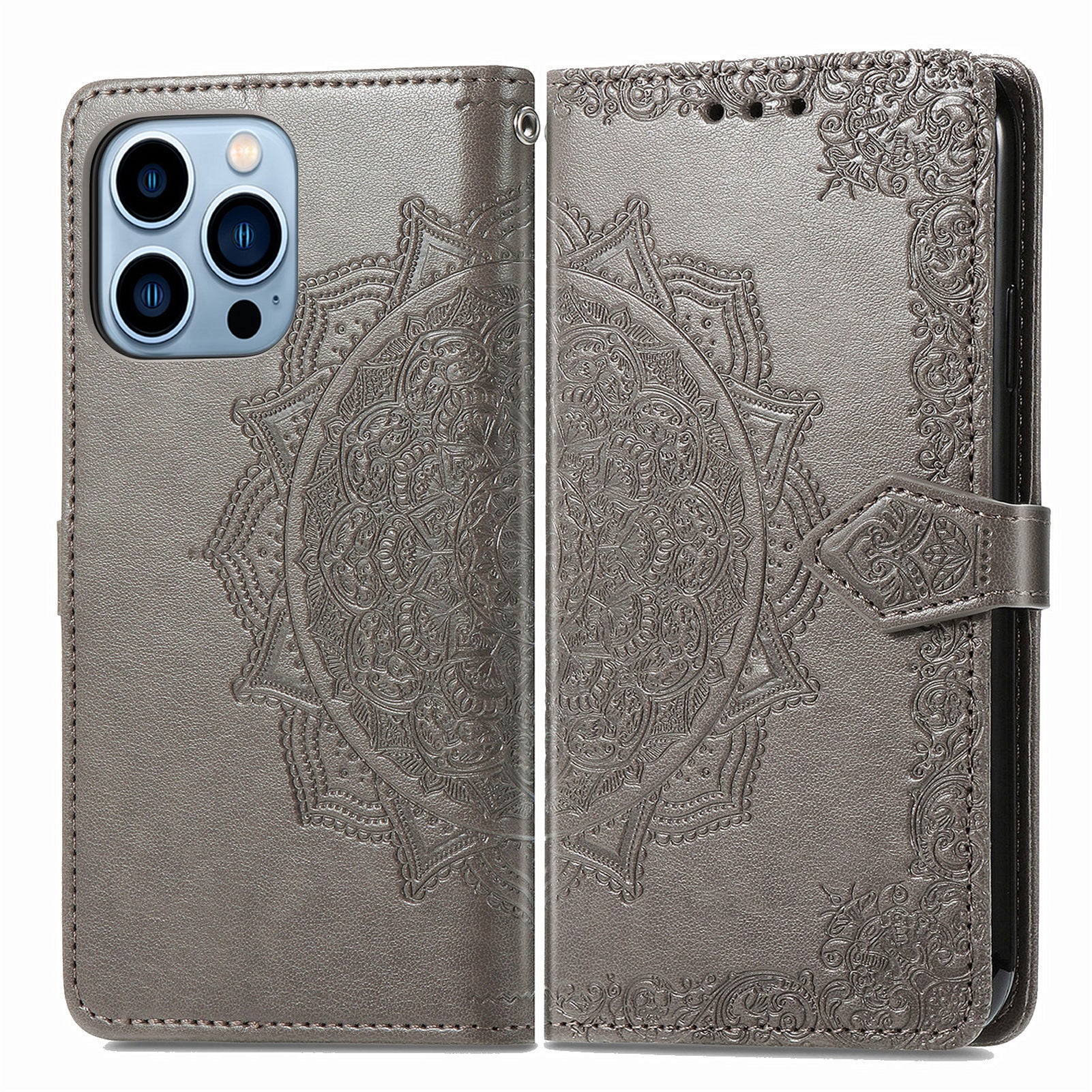 Mandala Flower Embossment PU Leather Stand Wallet Phone Flip Case Shell for iPhone 13 Pro Max 6.7 inch