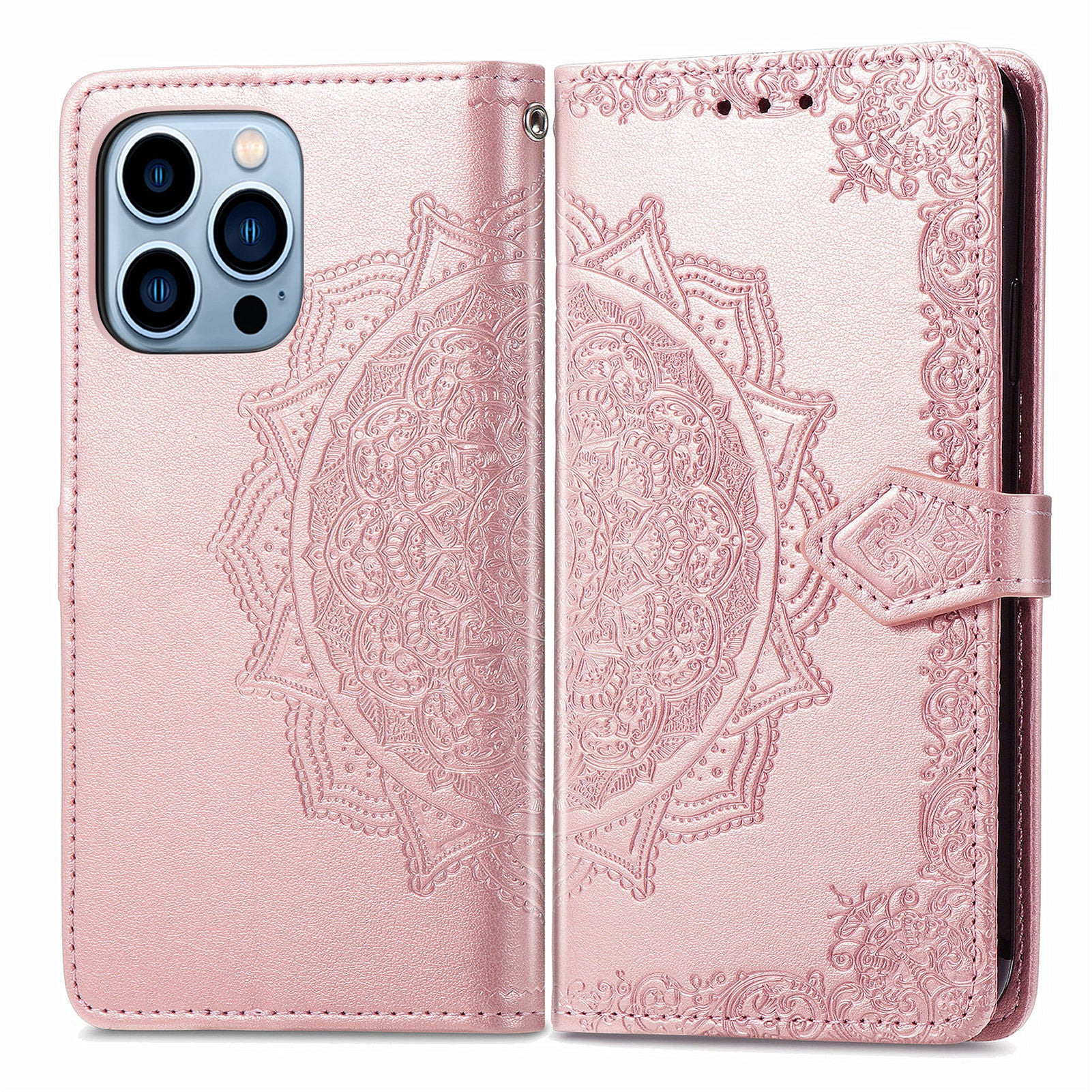 Mandala Flower Embossment PU Leather Stand Wallet Phone Flip Case Shell for iPhone 13 Pro Max 6.7 inch