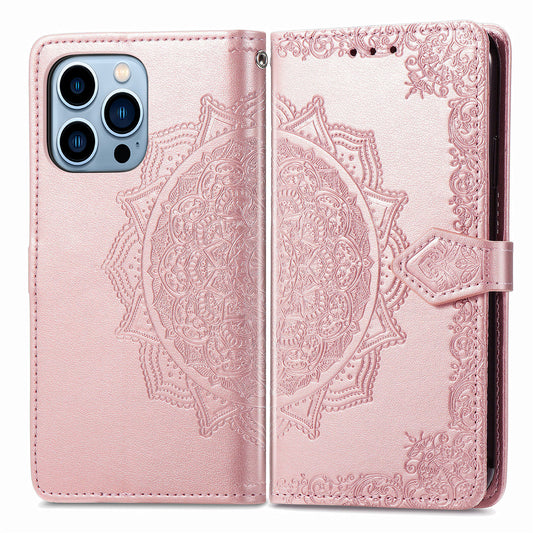 Mandala Flower Embossment PU Leather Stand Wallet Phone Flip Case Shell for iPhone 13 Pro Max 6.7 inch