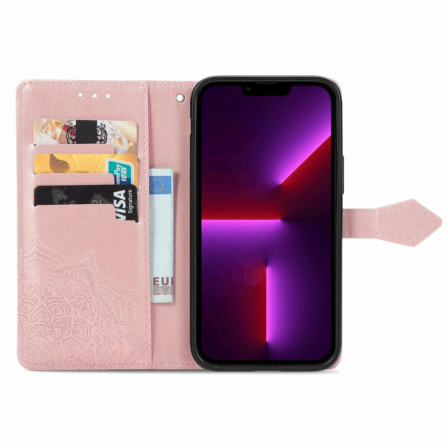 Mandala Flower Embossment PU Leather Stand Wallet Phone Flip Case Shell for iPhone 13 Pro Max 6.7 inch