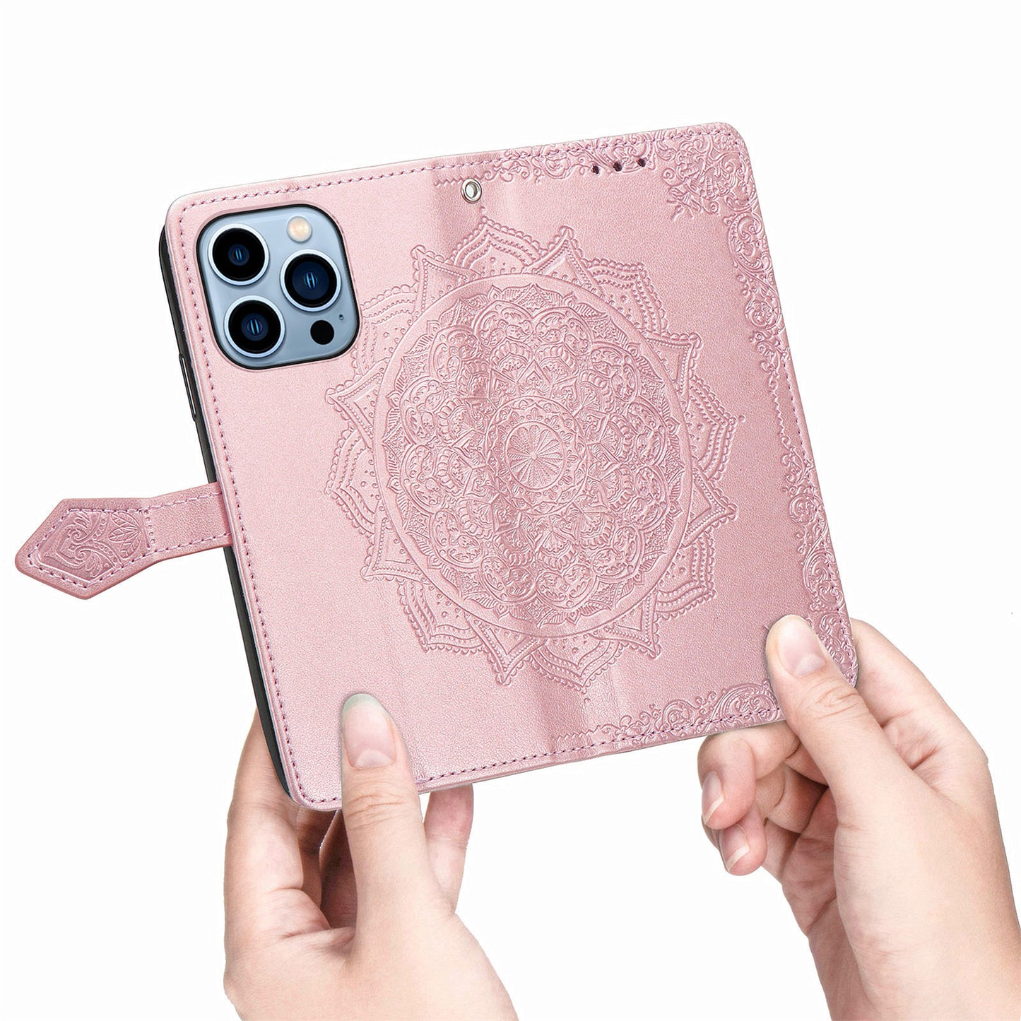 Mandala Flower Embossment PU Leather Stand Wallet Phone Flip Case Shell for iPhone 13 Pro Max 6.7 inch