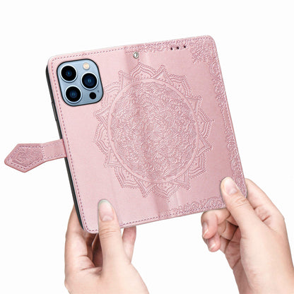 Mandala Flower Embossment PU Leather Stand Wallet Phone Flip Case Shell for iPhone 13 Pro Max 6.7 inch
