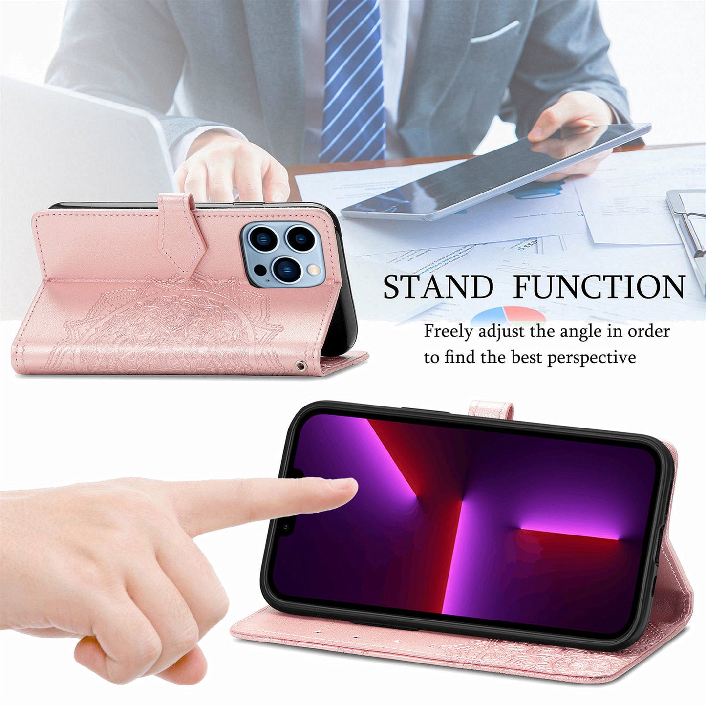 Mandala Flower Embossment PU Leather Stand Wallet Phone Flip Case Shell for iPhone 13 Pro Max 6.7 inch