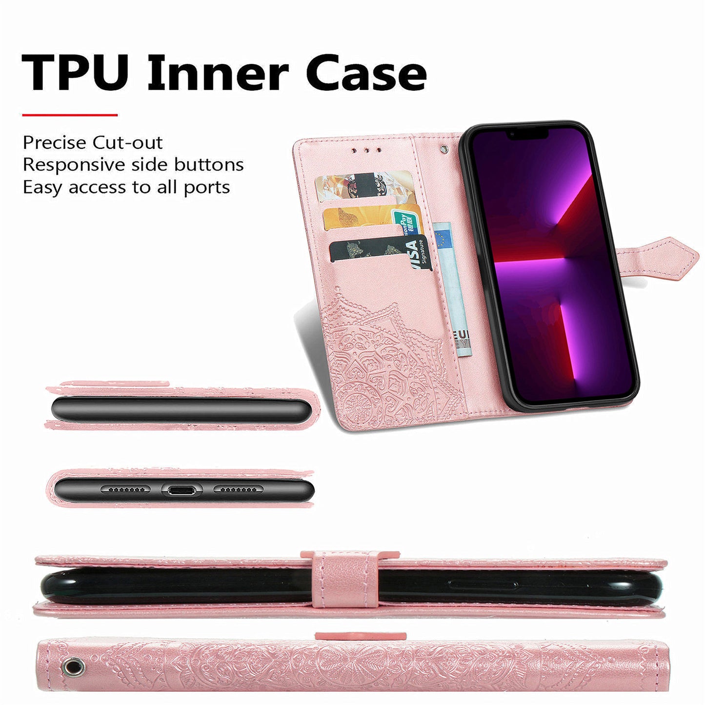 Mandala Flower Embossment PU Leather Stand Wallet Phone Flip Case Shell for iPhone 13 Pro Max 6.7 inch