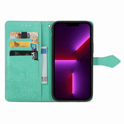 Mandala Flower Embossment PU Leather Stand Wallet Phone Flip Case Shell for iPhone 13 Pro Max 6.7 inch