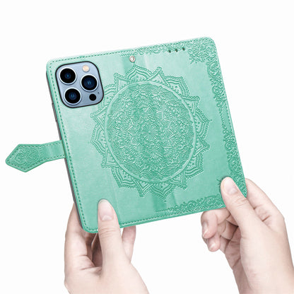 Mandala Flower Embossment PU Leather Stand Wallet Phone Flip Case Shell for iPhone 13 Pro Max 6.7 inch