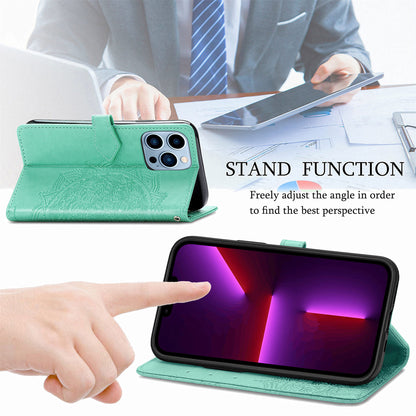 Mandala Flower Embossment PU Leather Stand Wallet Phone Flip Case Shell for iPhone 13 Pro Max 6.7 inch