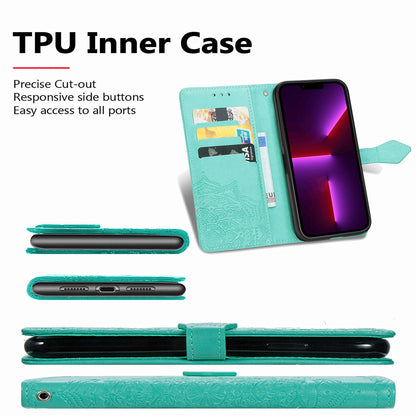 Mandala Flower Embossment PU Leather Stand Wallet Phone Flip Case Shell for iPhone 13 Pro Max 6.7 inch