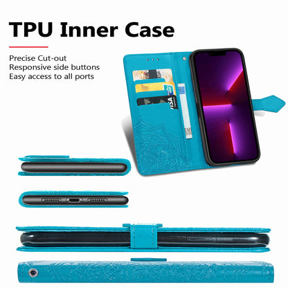 Mandala Flower Embossment PU Leather Stand Wallet Phone Flip Case Shell for iPhone 13 Pro Max 6.7 inch