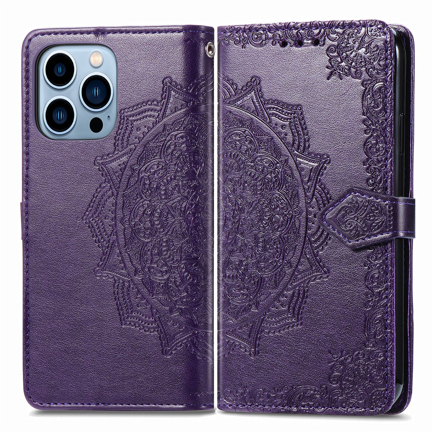 Mandala Flower Embossment PU Leather Stand Wallet Phone Flip Case Shell for iPhone 13 Pro Max 6.7 inch