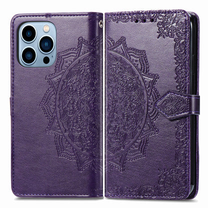 Mandala Flower Embossment PU Leather Stand Wallet Phone Flip Case Shell for iPhone 13 Pro Max 6.7 inch