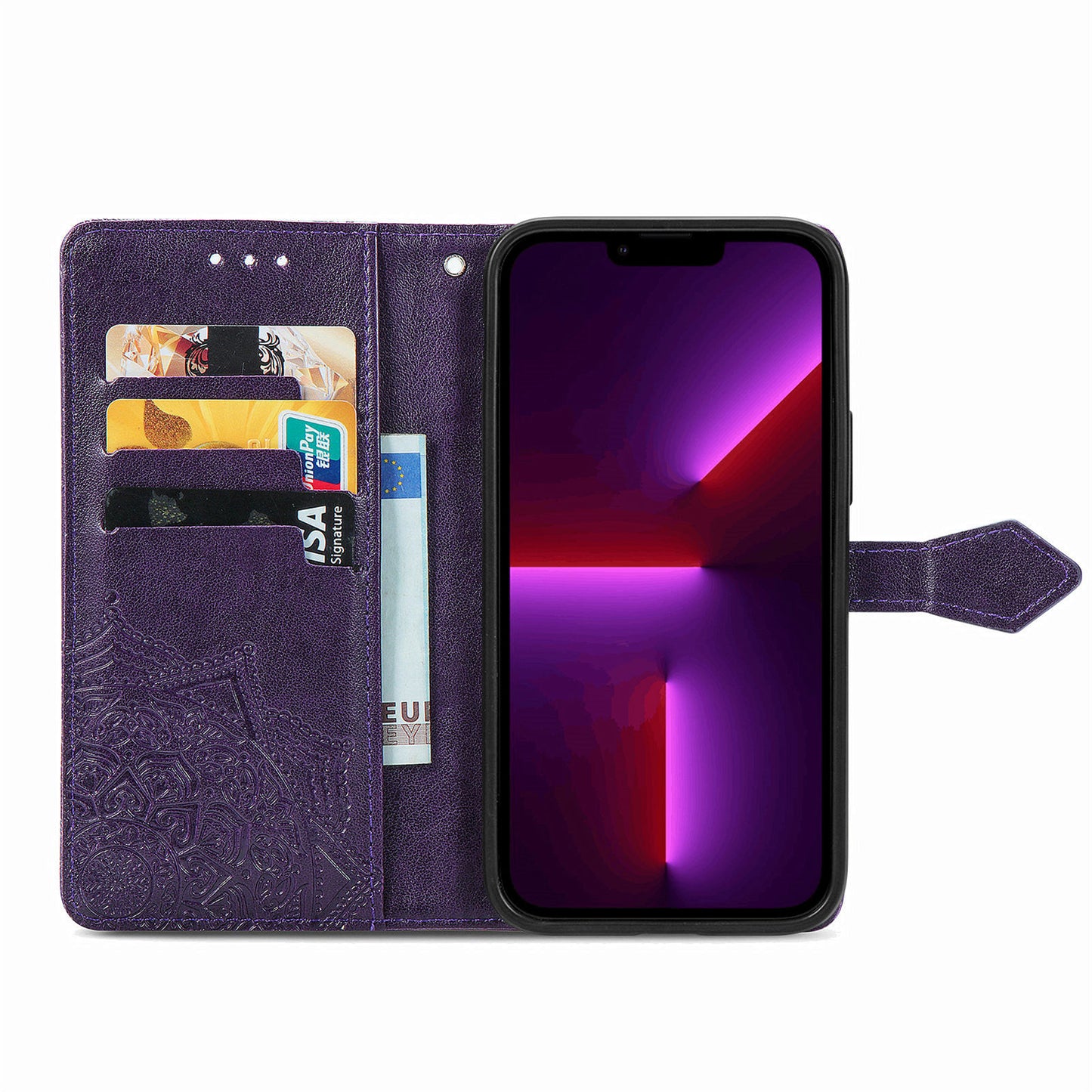 Mandala Flower Embossment PU Leather Stand Wallet Phone Flip Case Shell for iPhone 13 Pro Max 6.7 inch