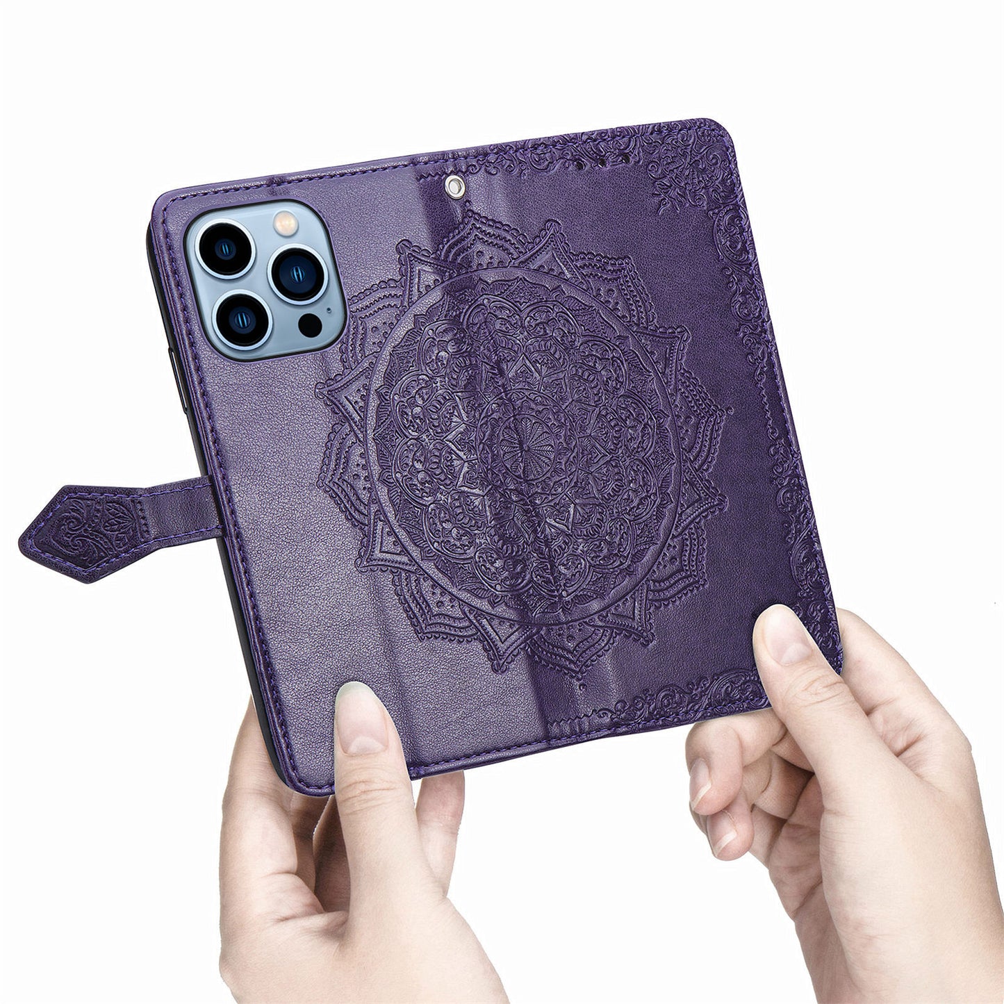 Mandala Flower Embossment PU Leather Stand Wallet Phone Flip Case Shell for iPhone 13 Pro Max 6.7 inch