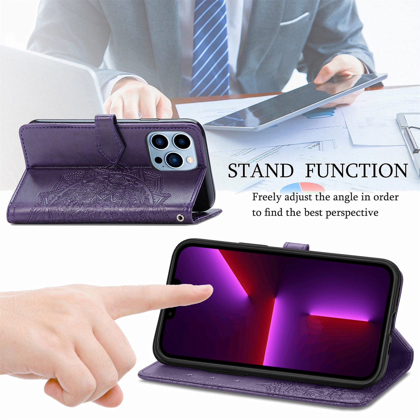 Mandala Flower Embossment PU Leather Stand Wallet Phone Flip Case Shell for iPhone 13 Pro Max 6.7 inch