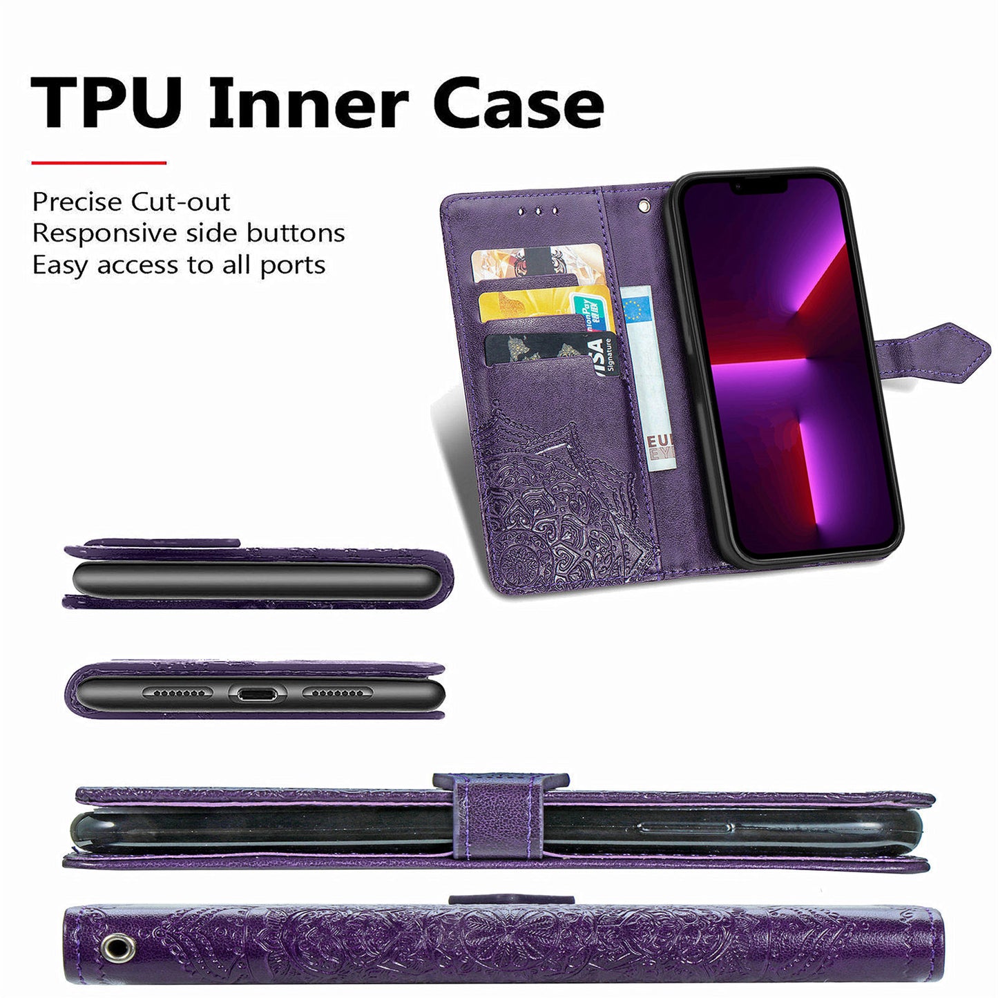 Mandala Flower Embossment PU Leather Stand Wallet Phone Flip Case Shell for iPhone 13 Pro Max 6.7 inch