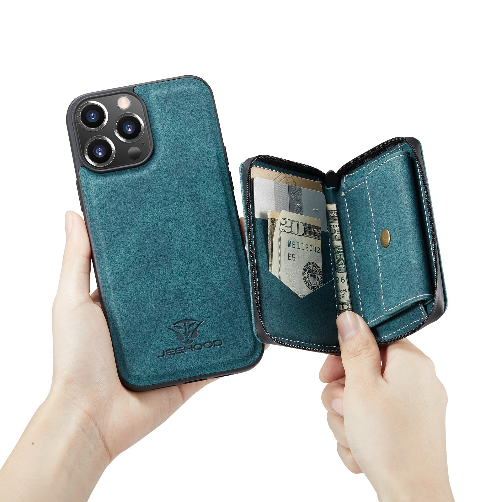 JEEHOOD Stylish Well-protected Shockproof Magnetic Detachable 2-in-1 Hybrid Case with Zippered Wallet Kickstand for iPhone 13 Pro Max 6.7 inch