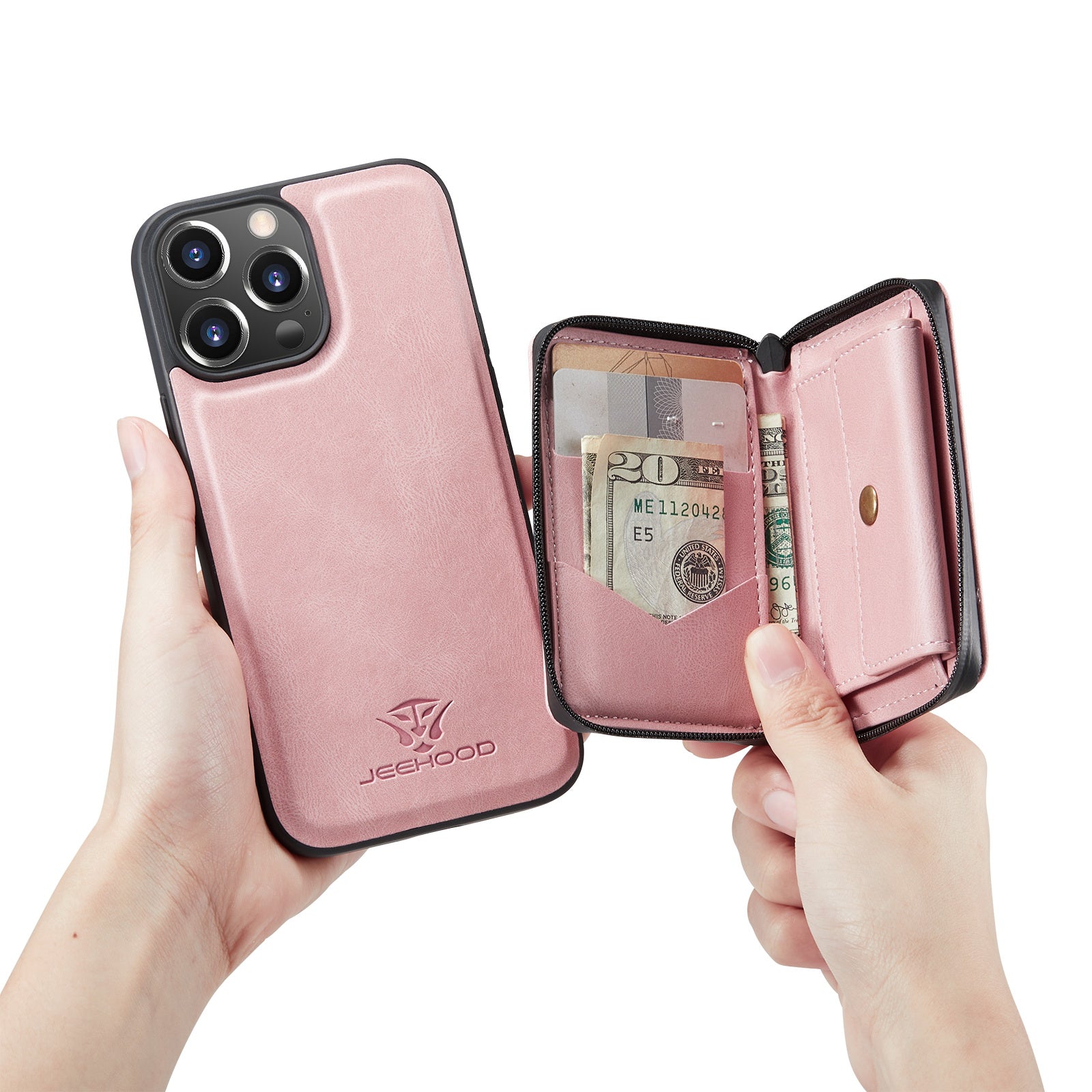 JEEHOOD Stylish Well-protected Shockproof Magnetic Detachable 2-in-1 Hybrid Case with Zippered Wallet Kickstand for iPhone 13 Pro Max 6.7 inch