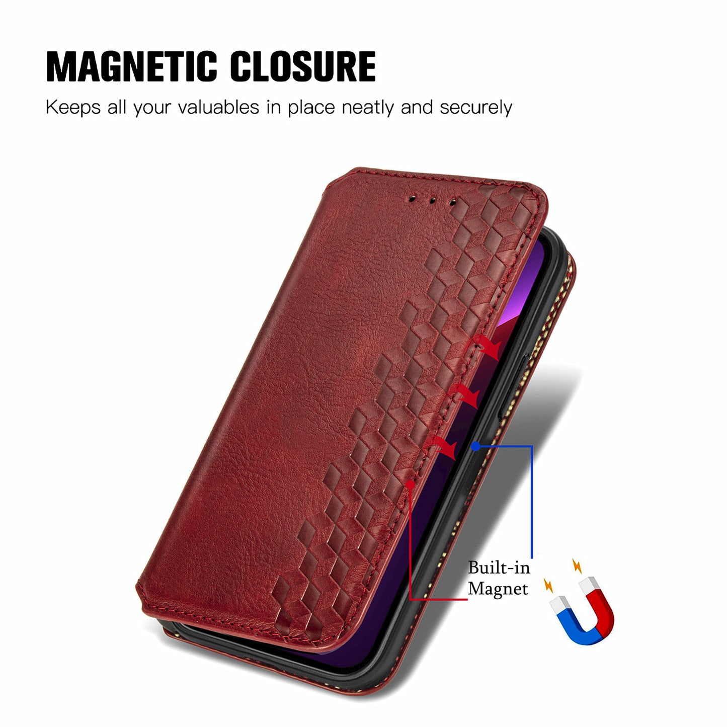 Imprinting Rhombus Auto-absorbed Leather Phone Case Wallet Stand Shell for iPhone 13 Pro Max 6.7 inch