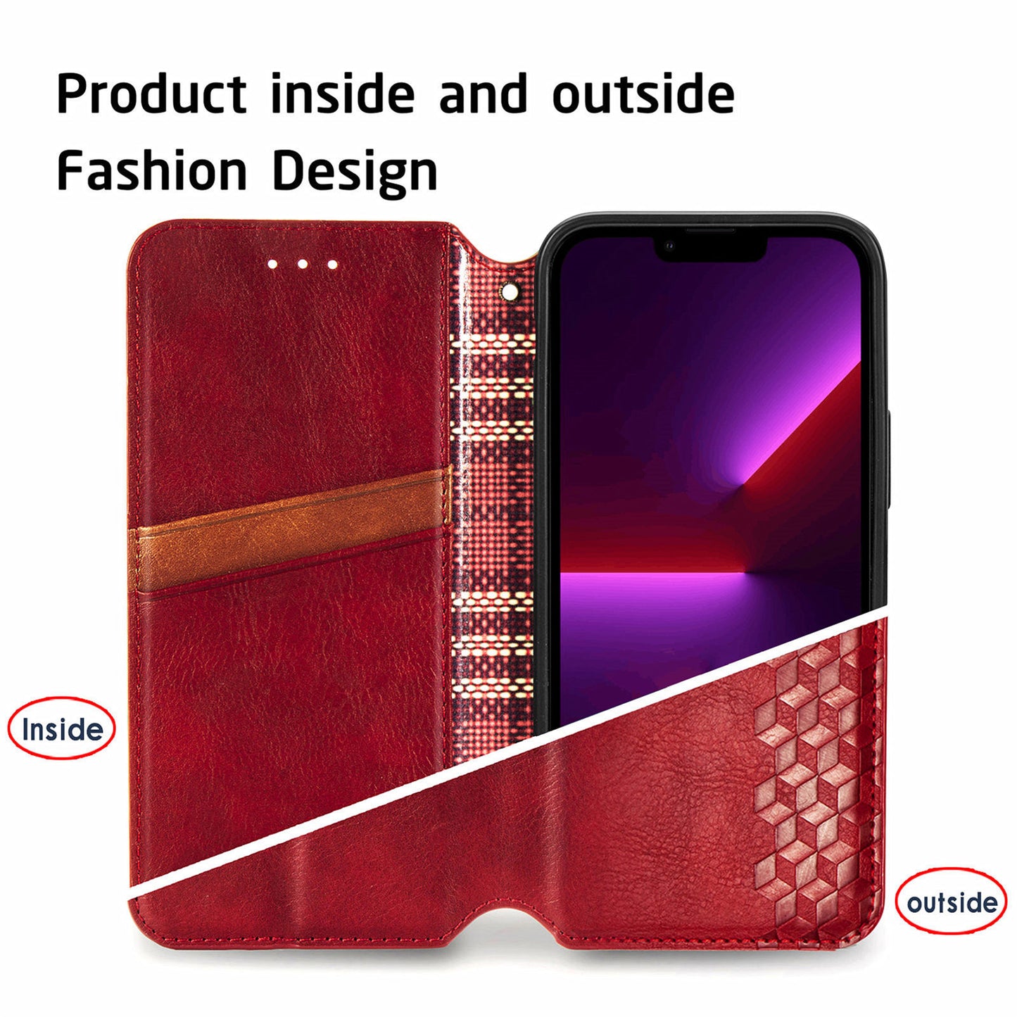 Imprinting Rhombus Auto-absorbed Leather Phone Case Wallet Stand Shell for iPhone 13 Pro Max 6.7 inch