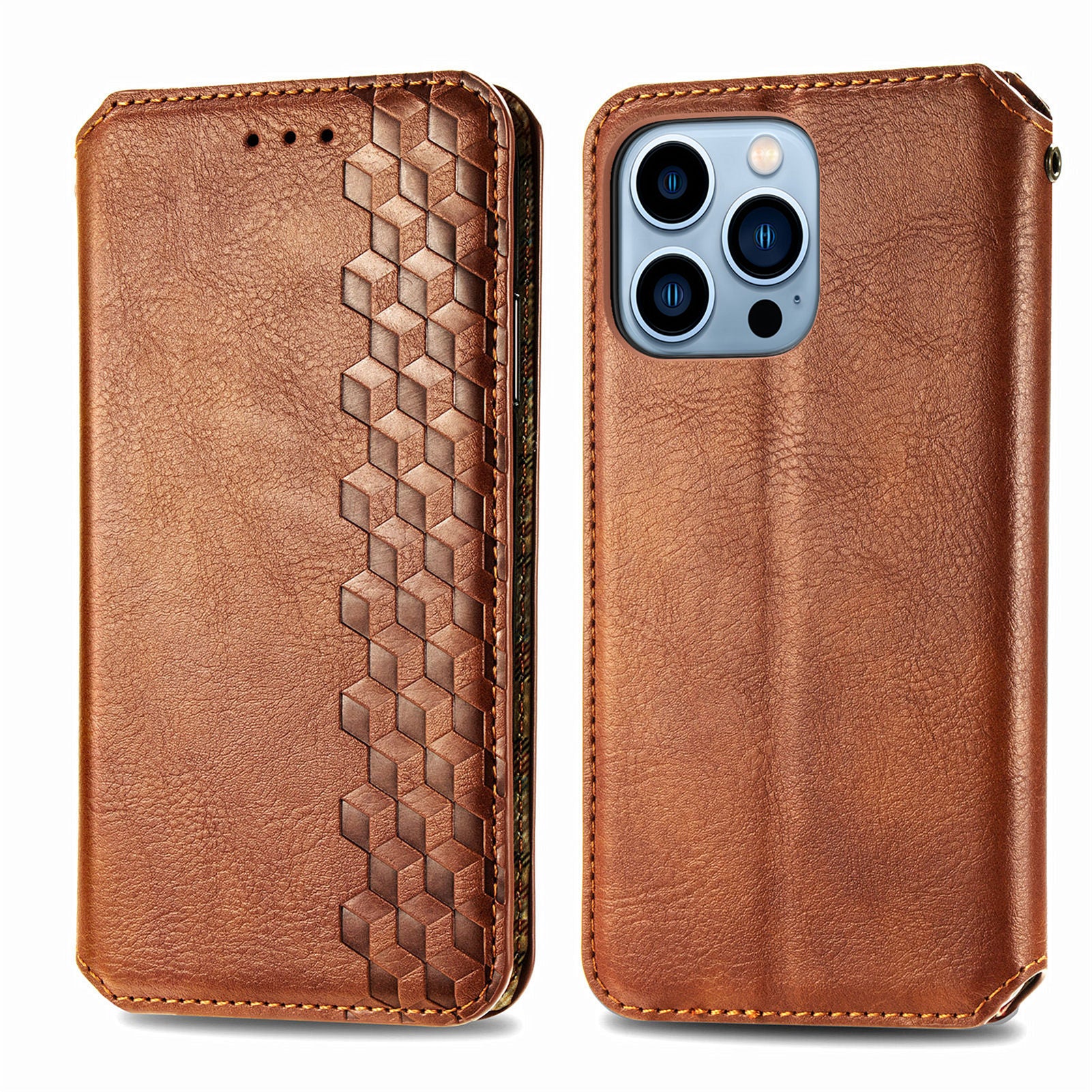 Imprinting Rhombus Auto-absorbed Leather Phone Case Wallet Stand Shell for iPhone 13 Pro Max 6.7 inch