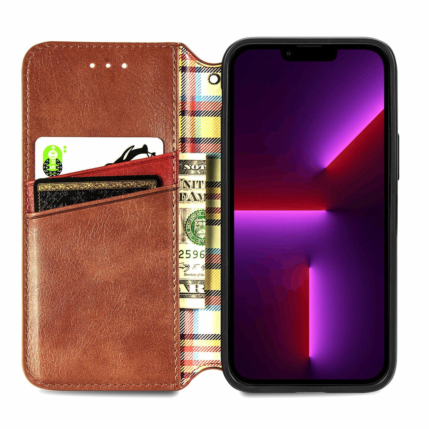 Imprinting Rhombus Auto-absorbed Leather Phone Case Wallet Stand Shell for iPhone 13 Pro Max 6.7 inch