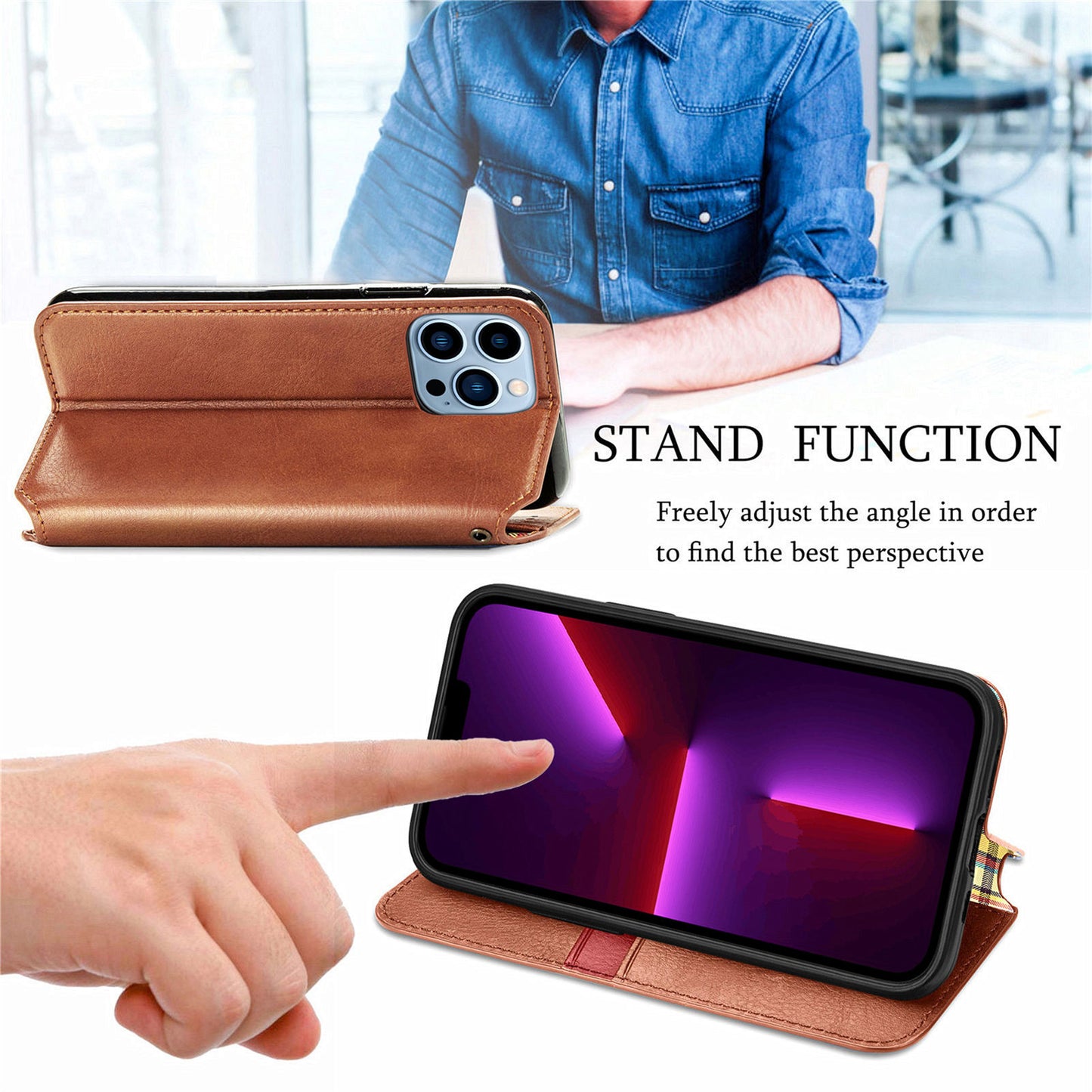 Imprinting Rhombus Auto-absorbed Leather Phone Case Wallet Stand Shell for iPhone 13 Pro Max 6.7 inch