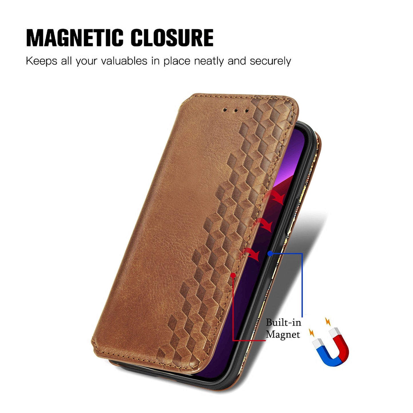Imprinting Rhombus Auto-absorbed Leather Phone Case Wallet Stand Shell for iPhone 13 Pro Max 6.7 inch