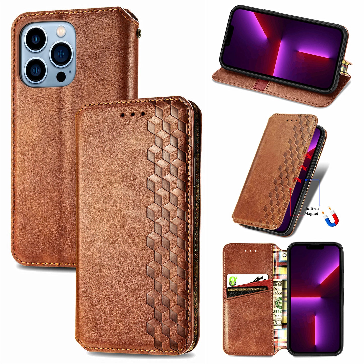 Imprinting Rhombus Auto-absorbed Leather Phone Case Wallet Stand Shell for iPhone 13 Pro Max 6.7 inch