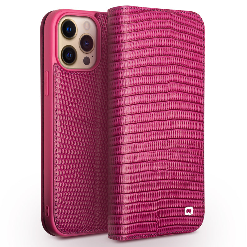 QIALINO Crocodile Texture Top-layer Genuine Leather Phone Cover Wallet Stand Phone Case for iPhone 13 Pro Max 6.7 inch