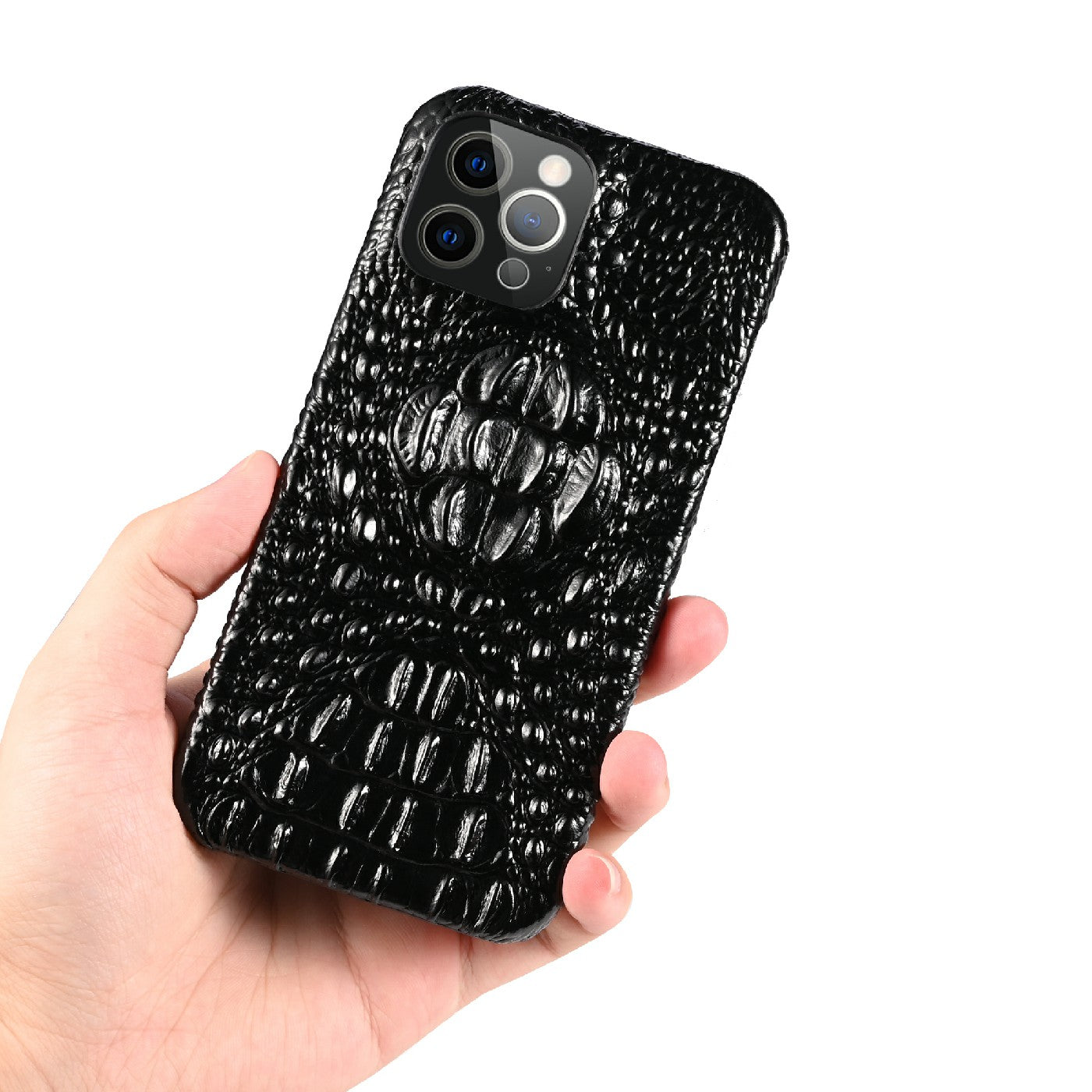 3D Crocodile Head Genuine Leather Coated PC Anti-Scratch Protective Back Case for iPhone 13 Pro Max 6.7 inch