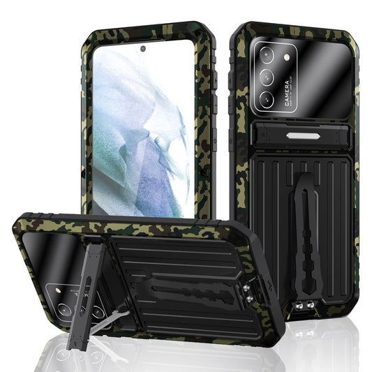 Anti-Fall Dustproof Shockproof TPU+Metal Hybrid Case Kickstand Shell with Tempered Glass Film and Strap for Samsung Galaxy S21 FE 5G/S21 Fan Edition
