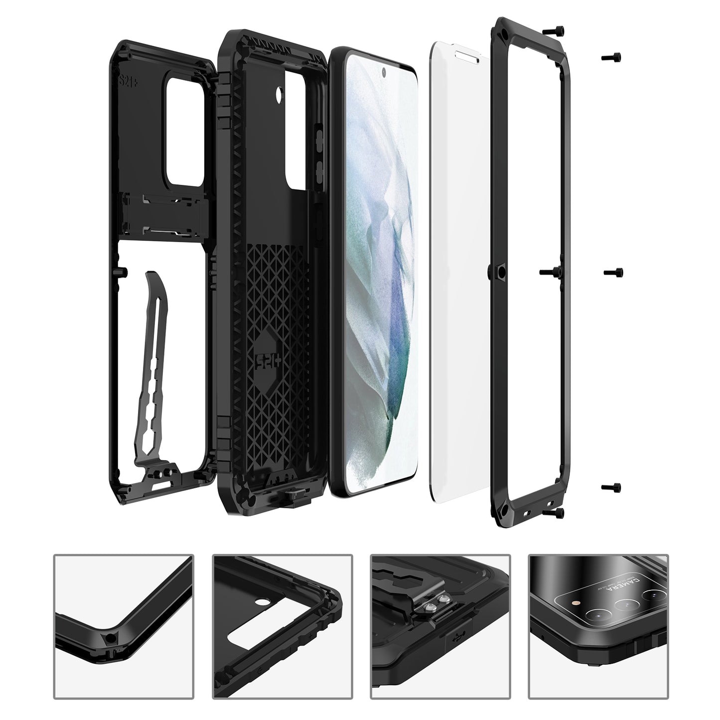 Anti-Fall Full Protection TPU+Metal Hybrid Case Kickstand Shell with Tempered Glass Film and Strap for Samsung Galaxy S21+ 5G