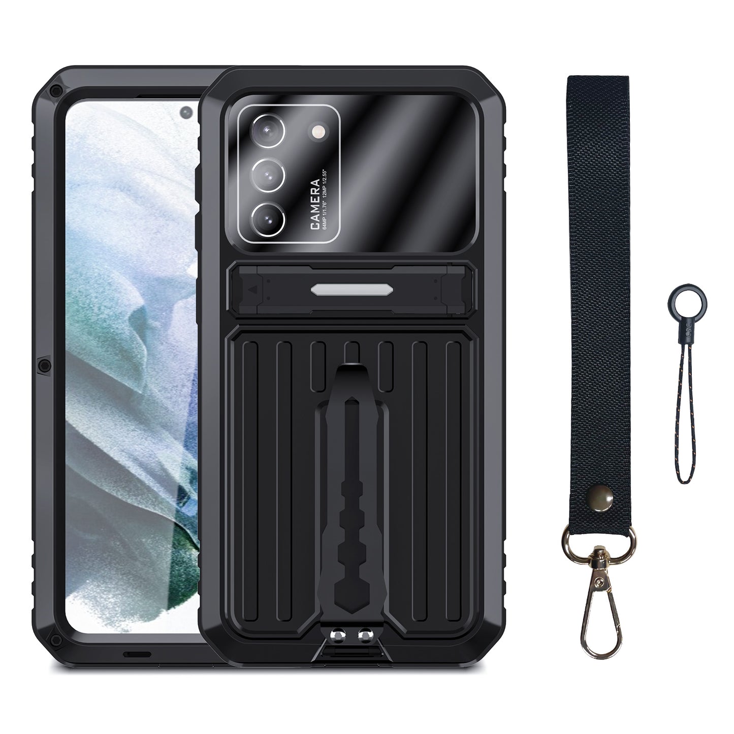 Anti-Fall Full Protection TPU+Metal Hybrid Case Kickstand Shell with Tempered Glass Film and Strap for Samsung Galaxy S21+ 5G