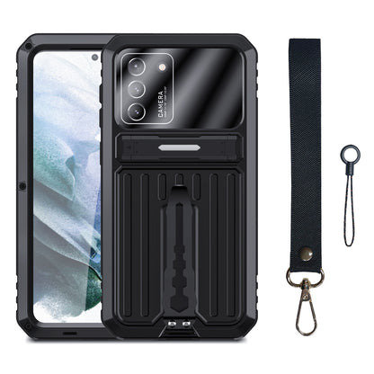 Anti-Fall Full Protection TPU+Metal Hybrid Case Kickstand Shell with Tempered Glass Film and Strap for Samsung Galaxy S21+ 5G