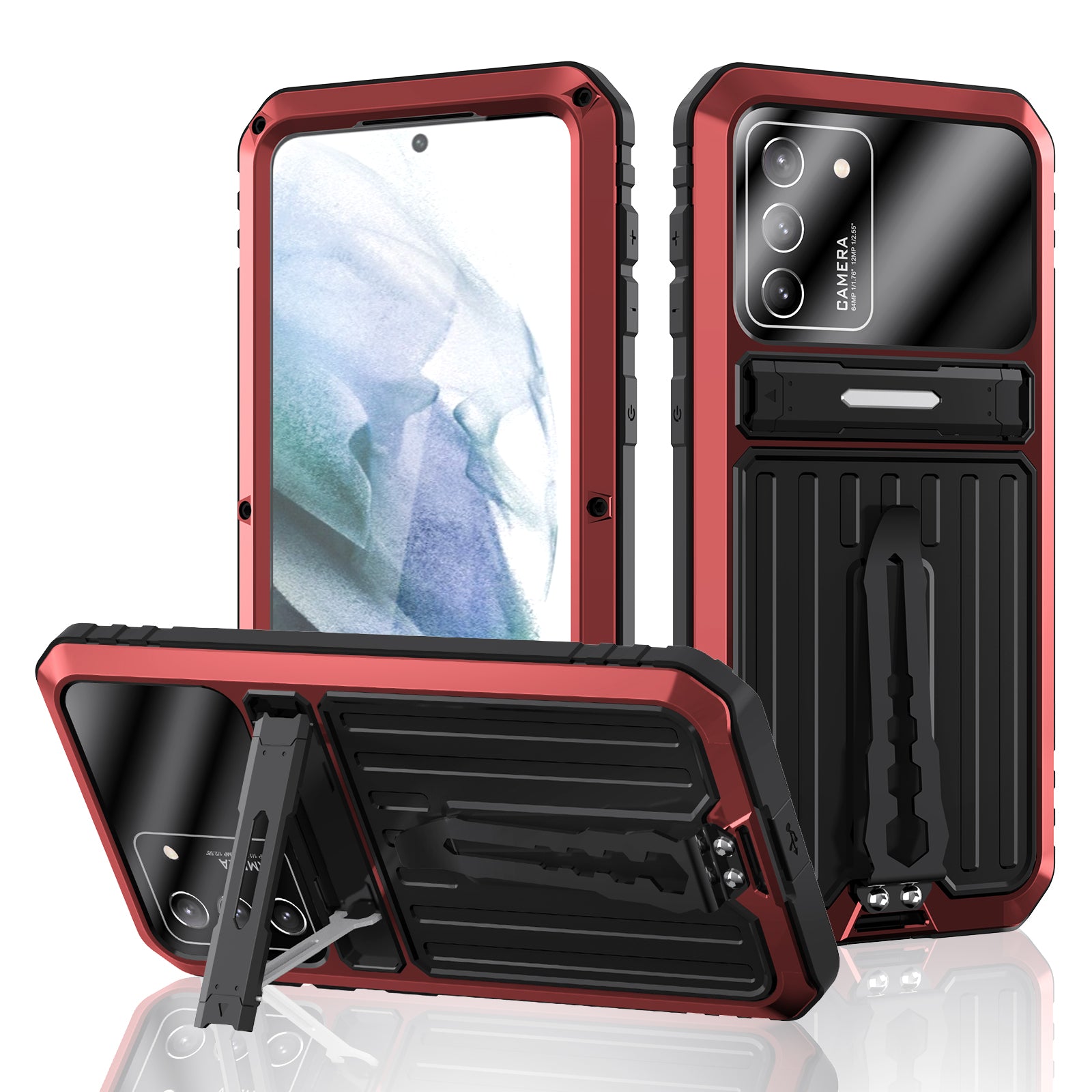 Anti-Fall Full Protection TPU+Metal Hybrid Case Kickstand Shell with Tempered Glass Film and Strap for Samsung Galaxy S21+ 5G