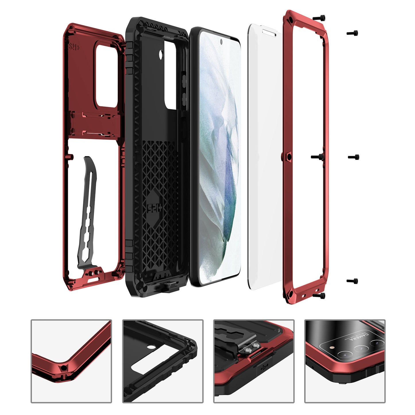 Anti-Fall Full Protection TPU+Metal Hybrid Case Kickstand Shell with Tempered Glass Film and Strap for Samsung Galaxy S21+ 5G