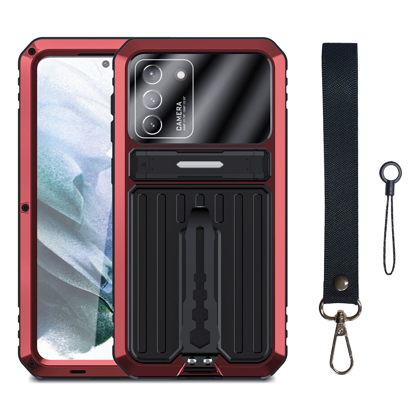 Anti-Fall Full Protection TPU+Metal Hybrid Case Kickstand Shell with Tempered Glass Film and Strap for Samsung Galaxy S21+ 5G
