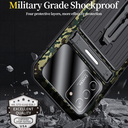 Anti-Fall Full Protection TPU+Metal Hybrid Case Kickstand Shell with Tempered Glass Film and Strap for Samsung Galaxy S21+ 5G