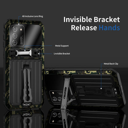 Anti-Fall Full Protection TPU+Metal Hybrid Case Kickstand Shell with Tempered Glass Film and Strap for Samsung Galaxy S21+ 5G