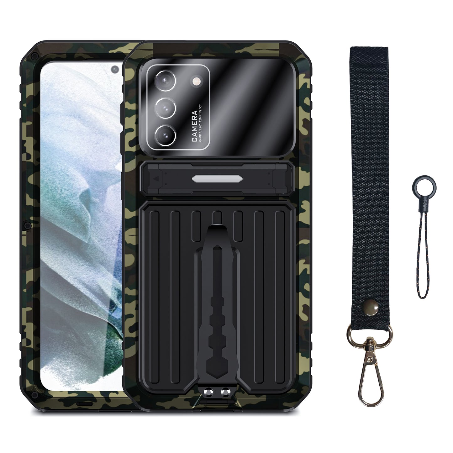 Anti-Fall Full Protection TPU+Metal Hybrid Case Kickstand Shell with Tempered Glass Film and Strap for Samsung Galaxy S21+ 5G