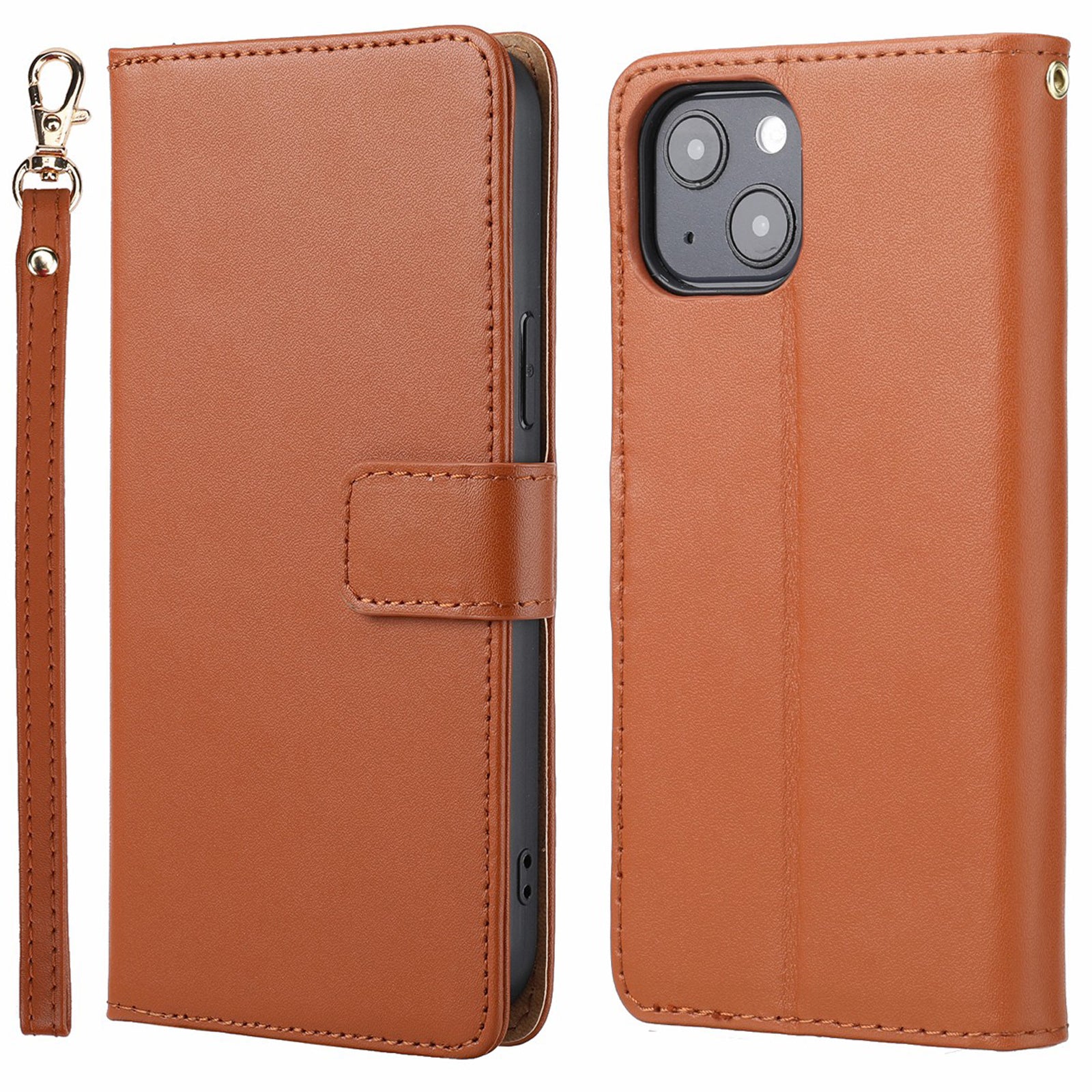 Retro Style Anti-theft Phone Case Genuine Leather Wallet Stand Case with Strap for iPhone 13 mini 5.4 inch
