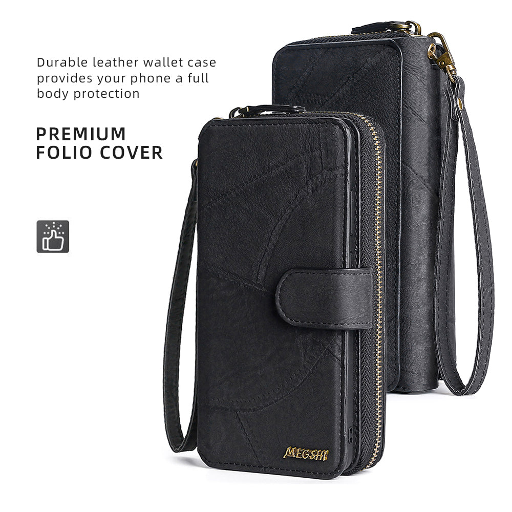 MEGSHI 004 Series Scratch Resistant Magnetic Detachable Stand Design Zipper Pocket Shockproof PU Leather TPU Wallet Cover for iPhone 13 Pro Max 6.7 inch