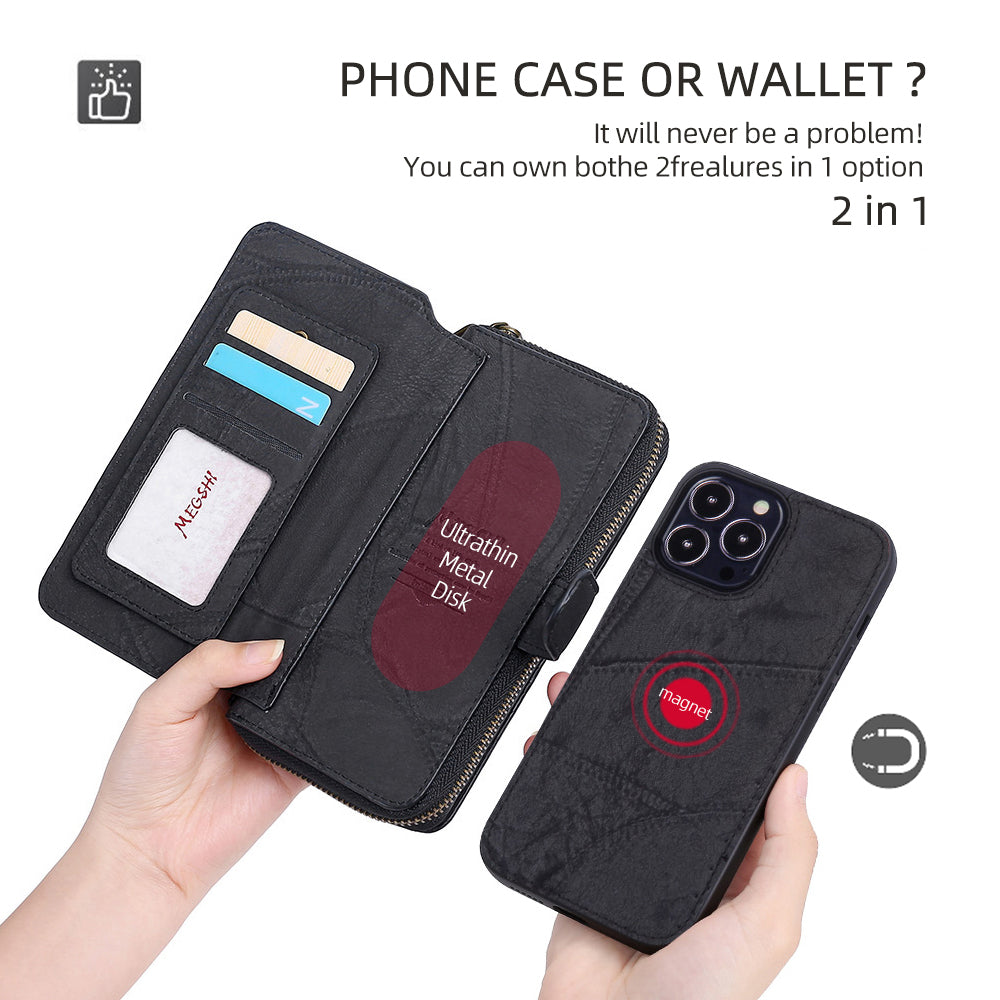 MEGSHI 004 Series Scratch Resistant Magnetic Detachable Stand Design Zipper Pocket Shockproof PU Leather TPU Wallet Cover for iPhone 13 Pro Max 6.7 inch