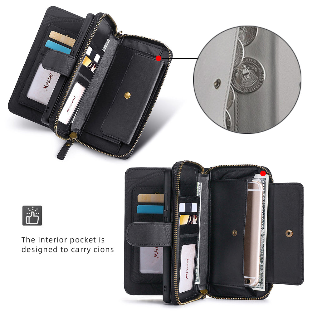 MEGSHI 004 Series Scratch Resistant Magnetic Detachable Stand Design Zipper Pocket Shockproof PU Leather TPU Wallet Cover for iPhone 13 Pro Max 6.7 inch