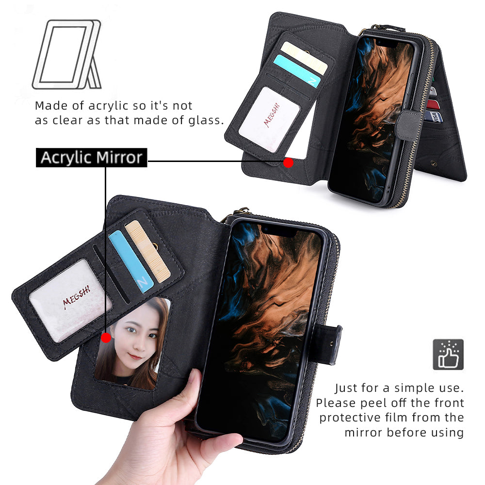 MEGSHI 004 Series Scratch Resistant Magnetic Detachable Stand Design Zipper Pocket Shockproof PU Leather TPU Wallet Cover for iPhone 13 Pro Max 6.7 inch